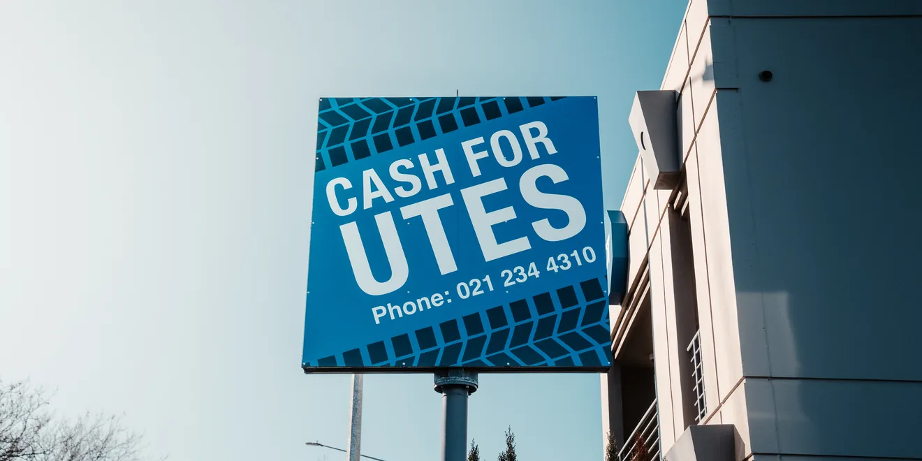 Roadside sign at the yard reading "Cash For Utes", with the phone number 021 234 4310